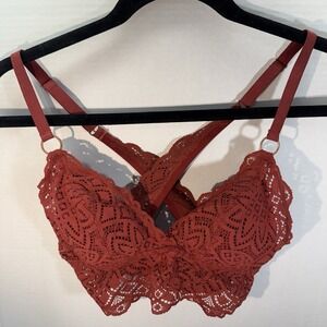 Aerie Floral Lace Wireless Padded Plunge Cross Back Bralette Maroon Size Small